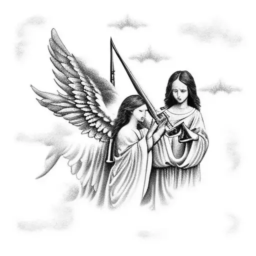 get a blackwork tattoo on the arm of the angel Gabriel with some details of clouds and two angels holding a trumpet tattoo design idea