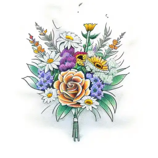 bouquet of flowers with roses, daisies, lilacs, and sunflowers with long stems, black and white    tattoo design idea