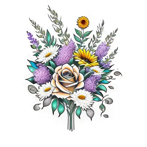 bouquet of flowers with roses, daisies, lilacs, and sunflowers with long stems, black and white    tattoo design idea