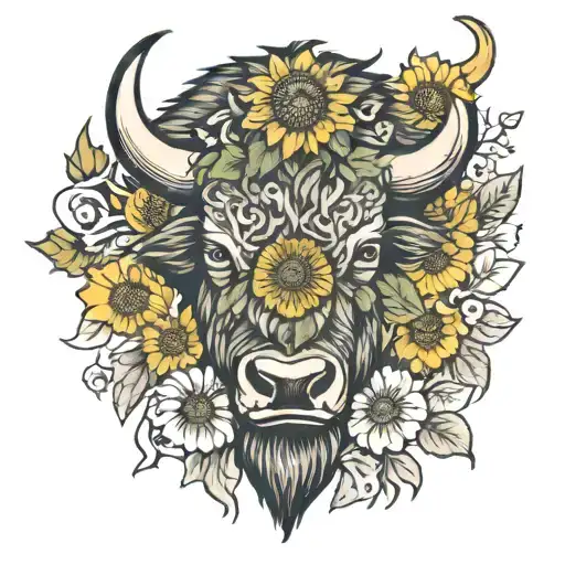 bison head with sunflower surrounded tattoo design idea