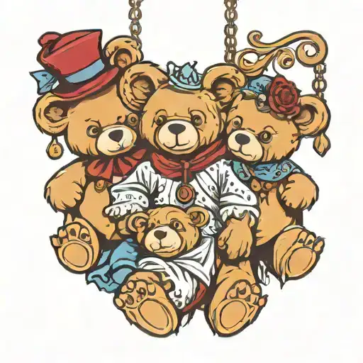 teddy bear family hanging from the king tattoo design idea