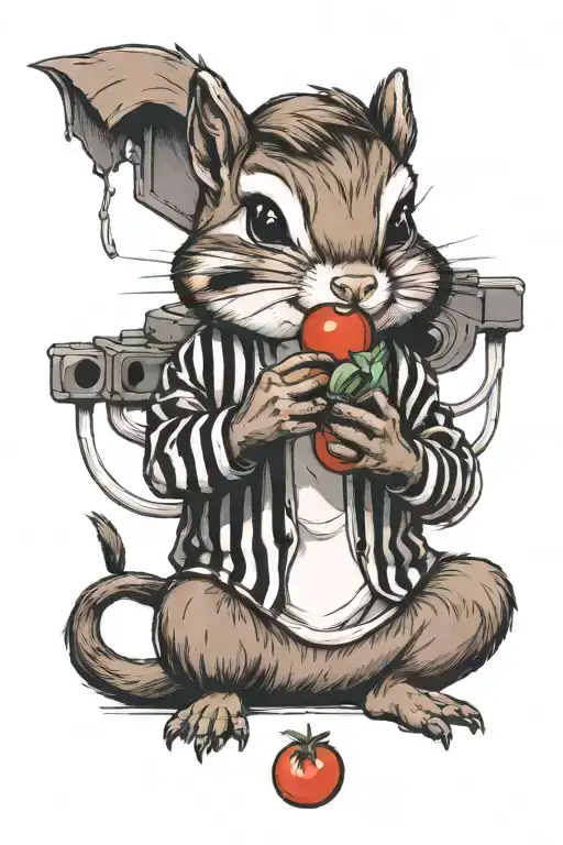 chipmunk in a jail outfit eating a tomato   tattoo design idea