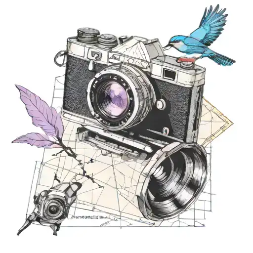 vintage camera with a work map reflected in the lens and a lilac breasted roller perched somewhere. some watercolours tattoo design idea