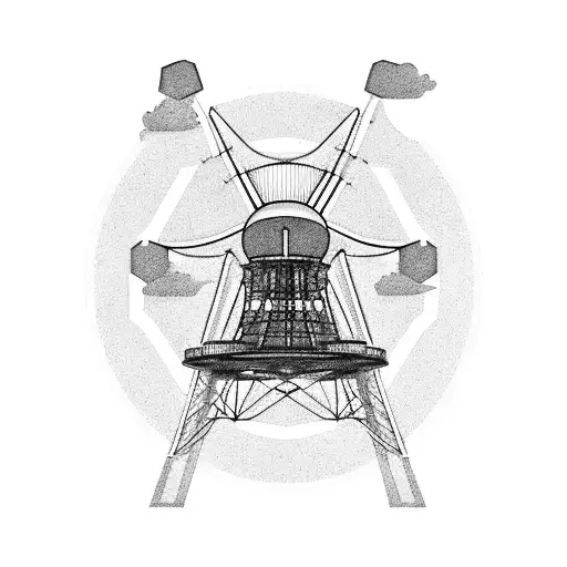A detailed illustration of the Chernobyl nuclear power plant with a subtle hint of the Ferris wheel in the background tattoo design idea