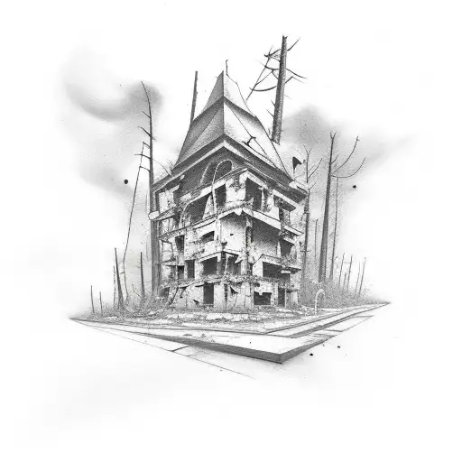 A sketch-style tattoo featuring a S.T.A.L.K.E.R. exploring the abandoned streets of Pripyat tattoo design idea