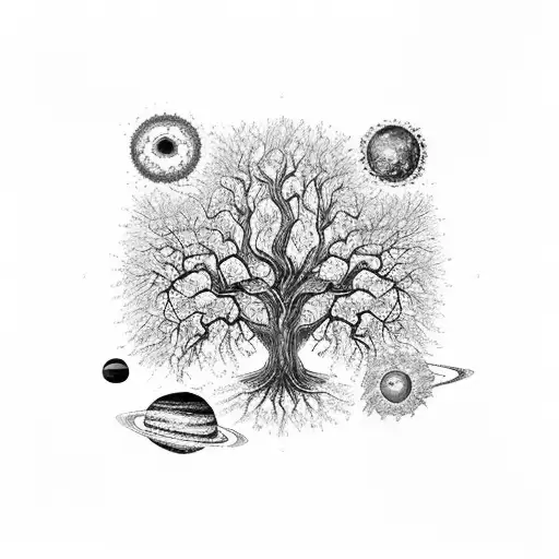 Tree of life, solar system, stars, as above so below, life, death, black and white, elongated, realistic tree tattoo design idea