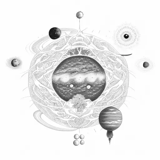 Tree of life, solar system, stars, as above so below, life, death, black and white, tricep tattoo, realistic tree tattoo design idea