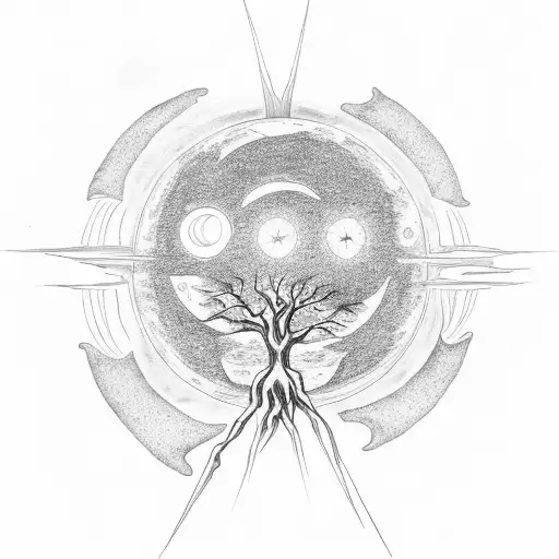 Tree of life, Sun, moon, stars, as above so below, life, death, black and white, elongated, realistic tree tattoo design idea