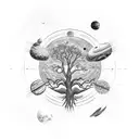 Tree of life, solar system, stars, as above so below, life, death, black and white, elongated, realistic tree tattoo design idea
