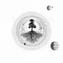 Tree of life, solar system, stars, as above so below, life, death, black and white, elongated, realistic tree tattoo design idea