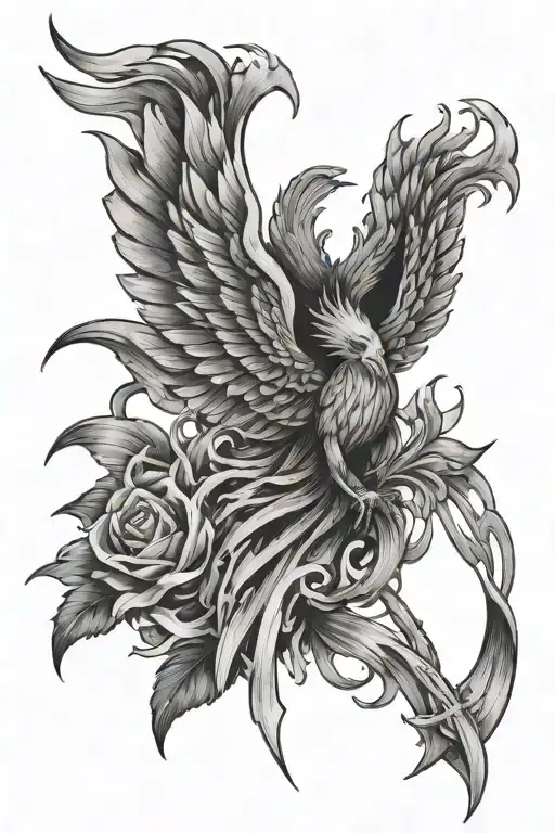 phoenix rising from flames with breast cancer ribbon in claws tattoo design idea