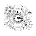 phoenix with clock face, butterflies and flowers tattoo design idea