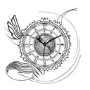 phoenix with clock face, butterflies and flowers tattoo design idea