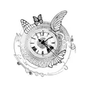phoenix with clock face, butterflies and flowers tattoo design idea