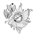 phoenix with clock face, butterflies and flowers tattoo design idea