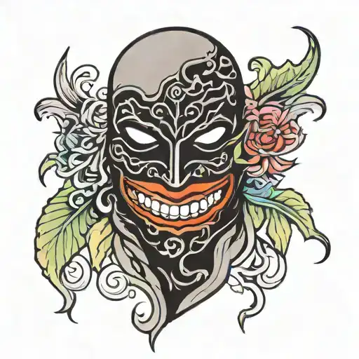 black balaclava mask with empty eye holes and a set of colored snarling lips in the mouth hole tattoo design idea
