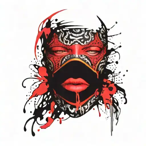 black balaclava mask with empty eye holes and a set of colored snarling lips in the mouth hole tattoo design idea
