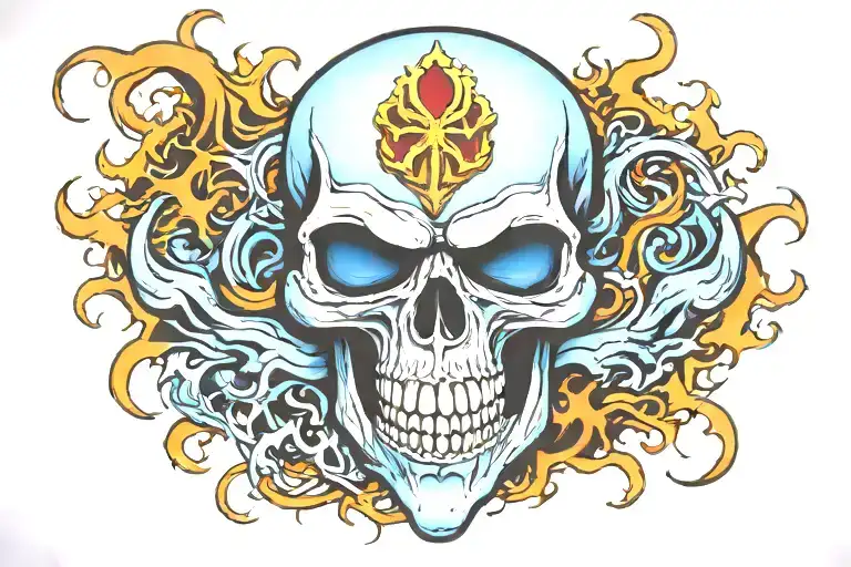 blue flamed skull with fangs, usmc emblem tattoo design idea