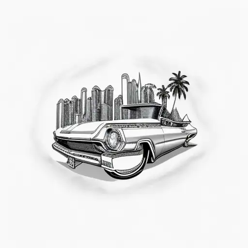lowrider with buildings and palms tattoo design idea