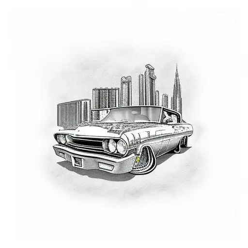 lowrider with buildings  tattoo design idea