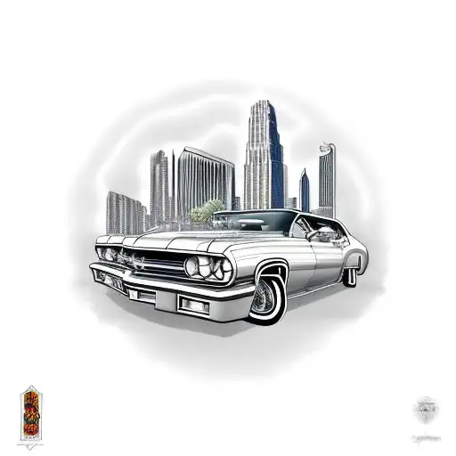 lowrider with buildings and palms tattoo design idea