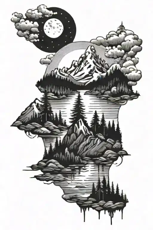 mountain, river, evergreens and moon tattoo design idea