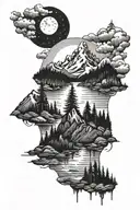 mountain, river, evergreens and moon tattoo design idea