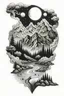 mountain, river, evergreens and moon tattoo design idea