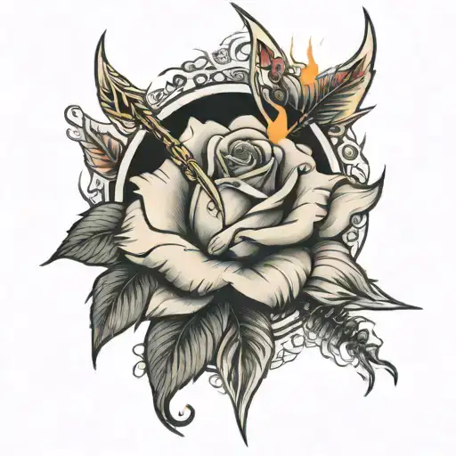 bow and Arrow, a rose, fire flames tattoo design idea