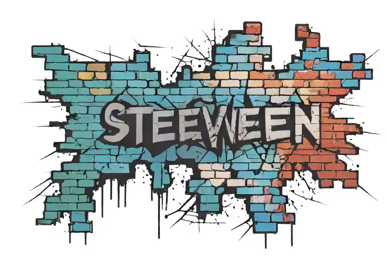 Broken brick wall. Artistic spray paint in multiple different colours on the wall. Name Steven in the middle of the wall tattoo design idea