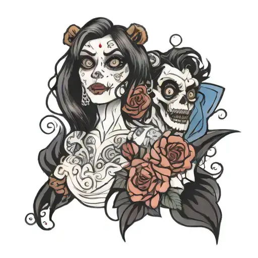 draw me a tattoo with scream, brother bear, howls moving castle, and corpse bride tattoo design idea