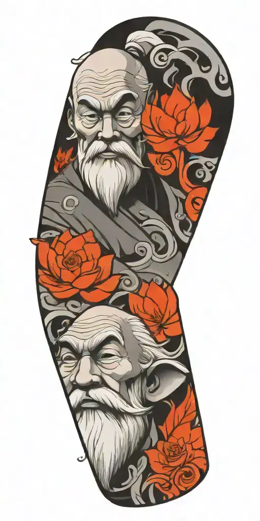 uncle iroh from the last airbender as a mighty firebender with white lotus ans symbol of the fire nation tattoo design idea