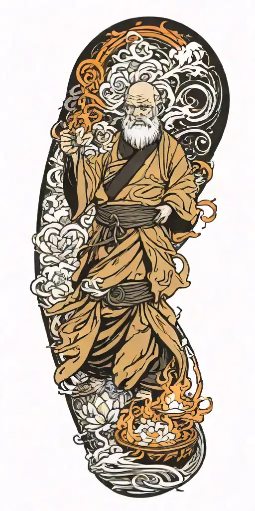 uncle iroh from the last airbender as a mighty firebender with white lotus ans symbol of the fire nation tattoo design idea