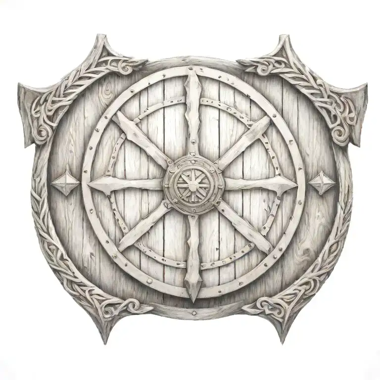 A viking round shield made of wood ´with crossed axes behind. black and white  tattoo design idea