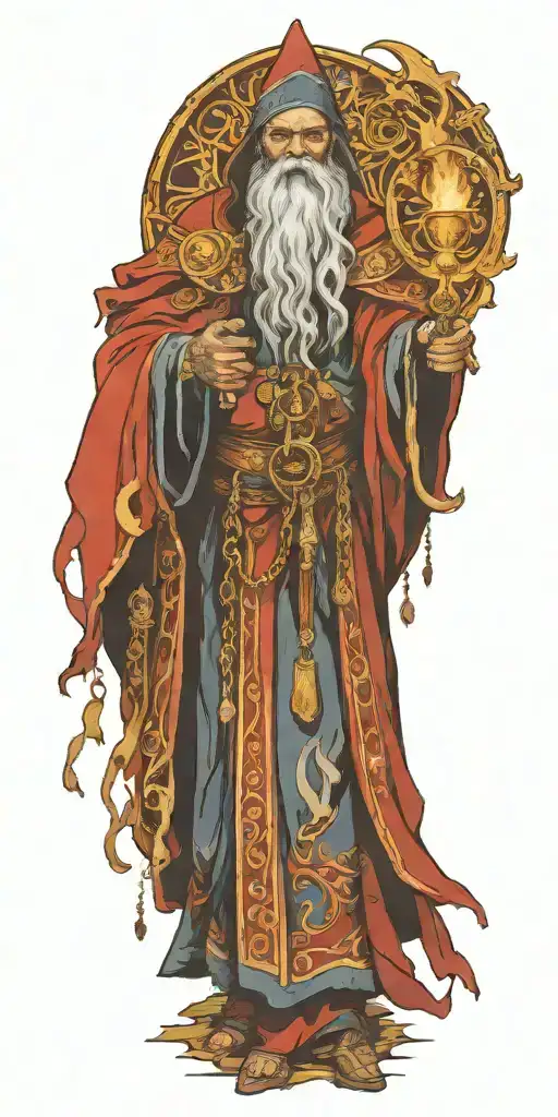 flaming bright wizard warhammer in a red robe with seven golden keys on a chain  tattoo design idea