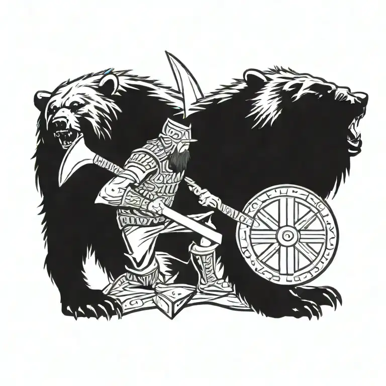 A plain viking round shiel made of wood with two crossed viking long axes behind it and a roaring bear above tattoo design idea