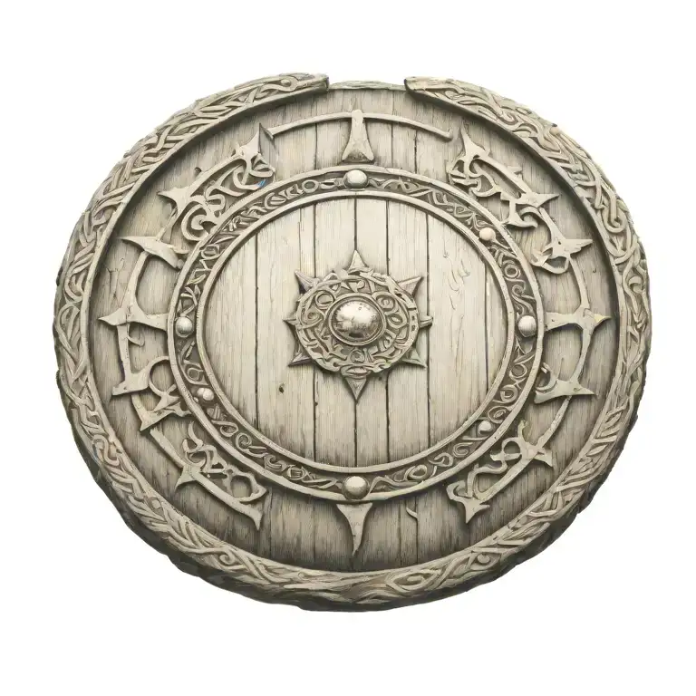A viking round shield made of wood . black and white tattoo design idea