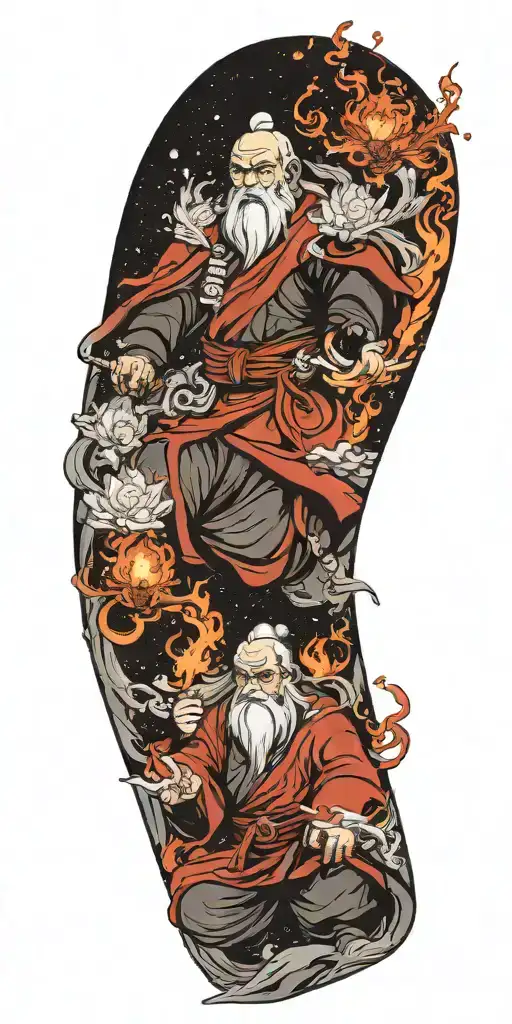 uncle iroh from the last airbender as a mighty firebender with white lotus ans symbol of the fire nation tattoo design idea