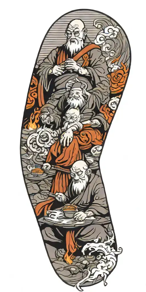 uncle iroh from the last airbender as a mighty firebender with white lotus ans symbol of the fire nation tattoo design idea