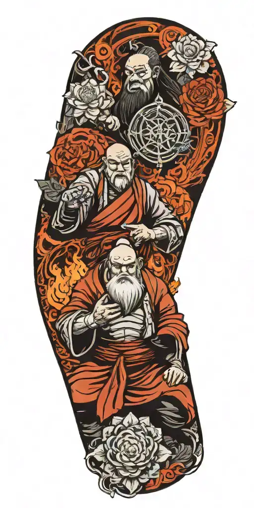 uncle iroh from the last airbender as a mighty firebender with white lotus ans symbol of the fire nation tattoo design idea