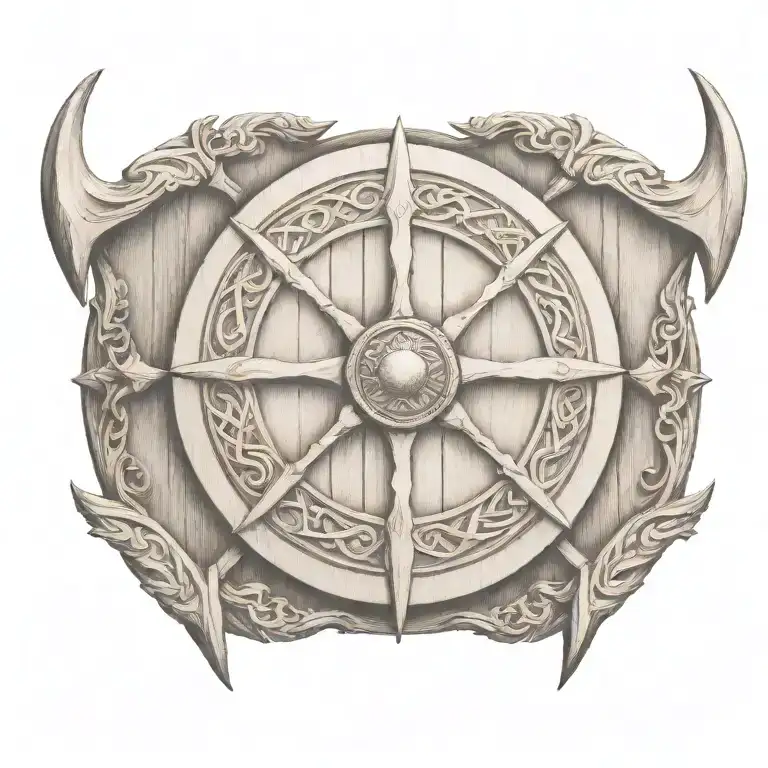 A fine viking round shield made of wood with good structure . black and white tattoo design idea