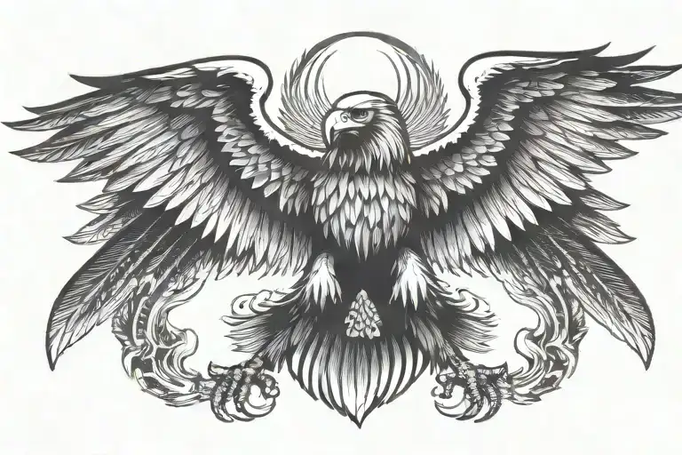 german Eagle rising from the ashes flying towards the sun sword in ita claws tattoo design idea