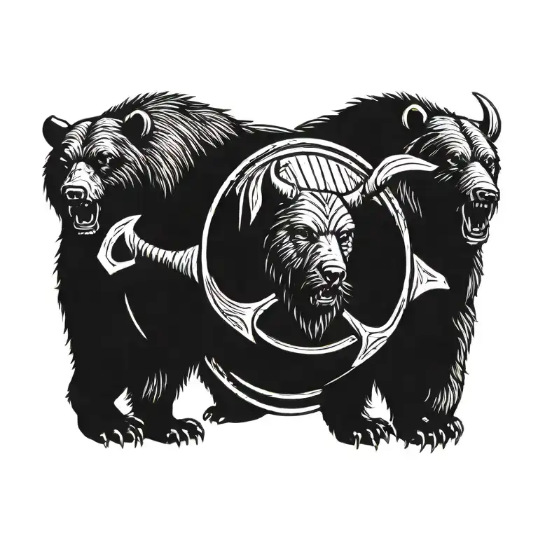 A plain viking round shiel made of wood with two crossed viking long axes behind it and a roaring bear above tattoo design idea