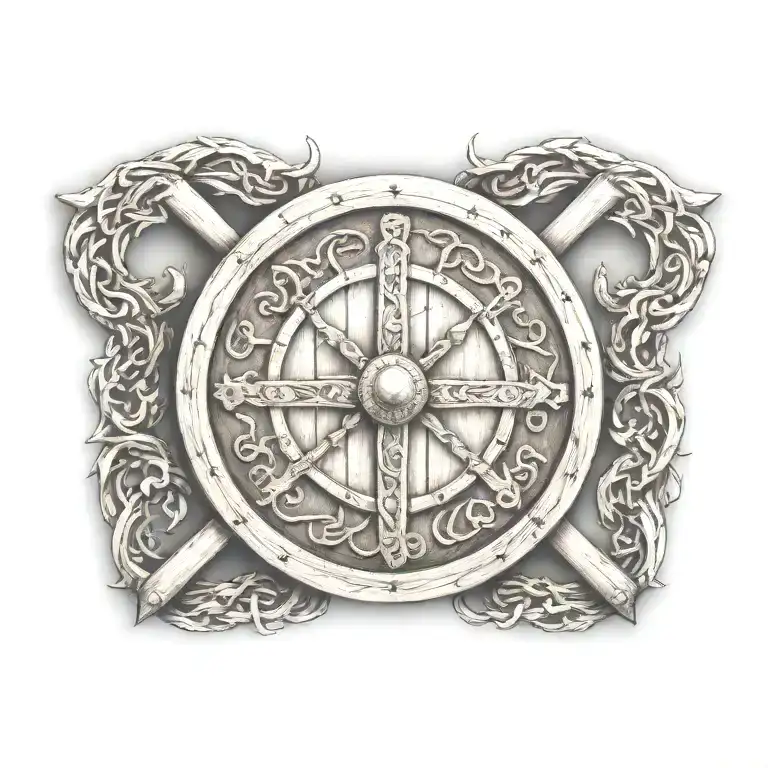 A plain viking round shiel made of wood ´with crossed axes behind  tattoo design idea