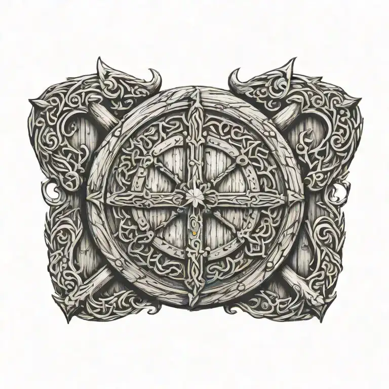 A plain viking round shiel made of wood ´with crossed axes behind  tattoo design idea
