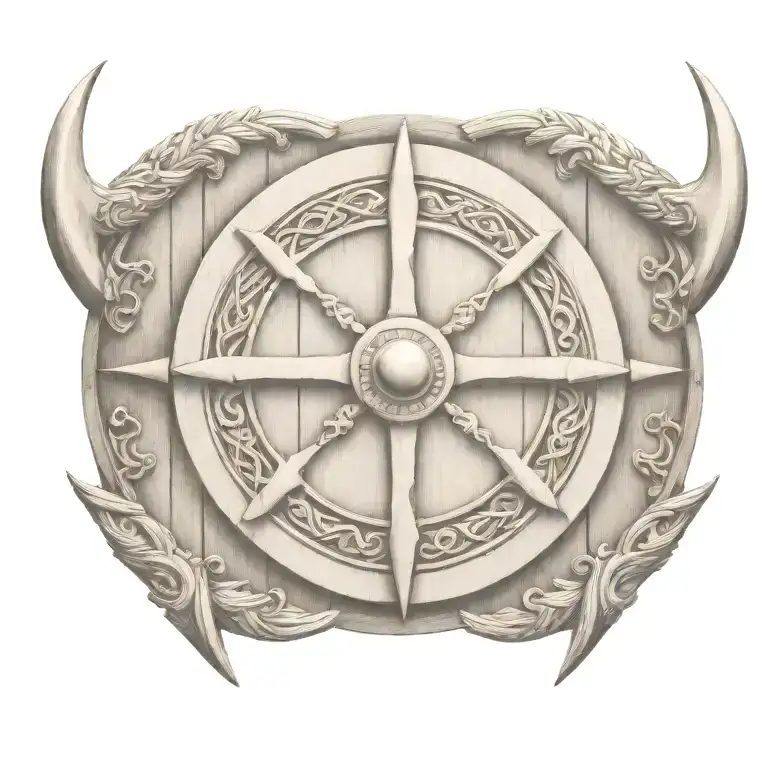 A viking round shield made of wood . black and white tattoo design idea