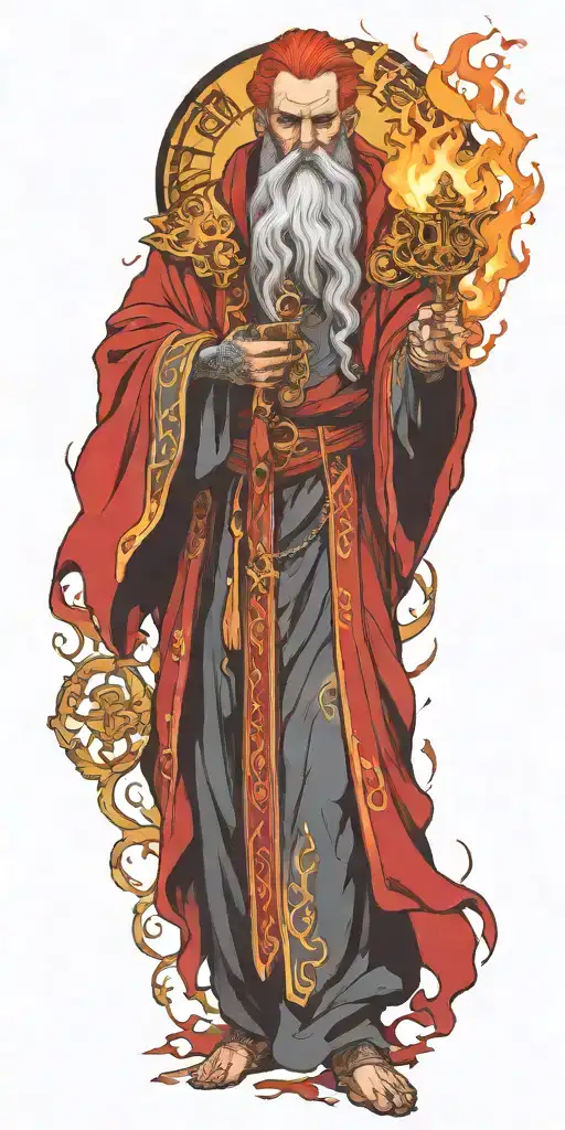 flaming bright wizard with fiery hair  in a red robe with seven golden keys on a chain tattoo design idea