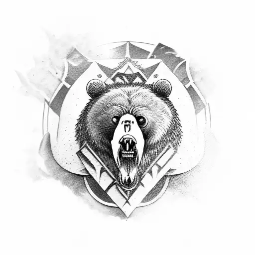 Roundshield with crossed beard axes and a roaring bear on top tattoo design idea