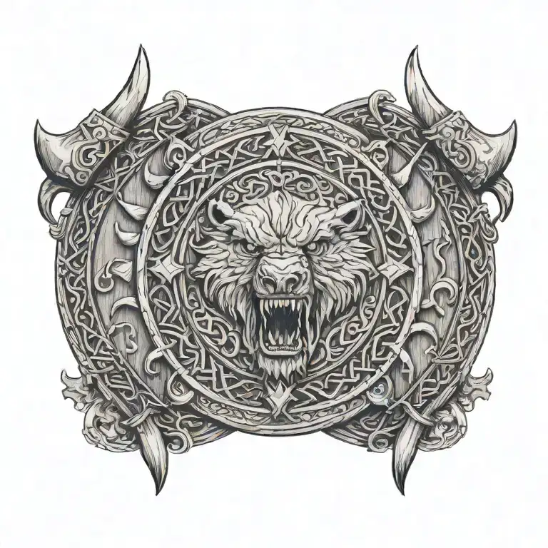 A plain viking round shiel made of wood with two crossed viking long axes behind it and a roaring bear above tattoo design idea