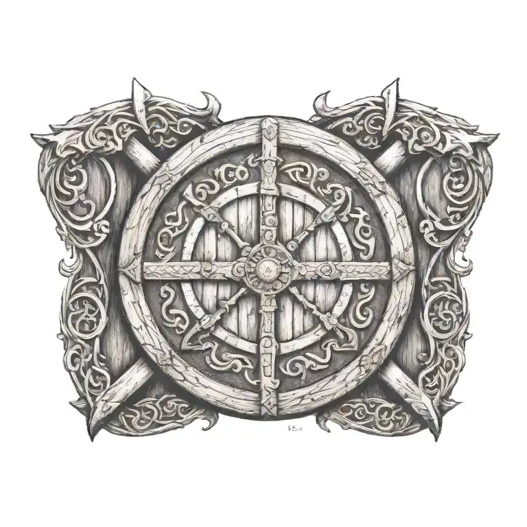 A plain viking round shiel made of wood ´with crossed axes behind  tattoo design idea